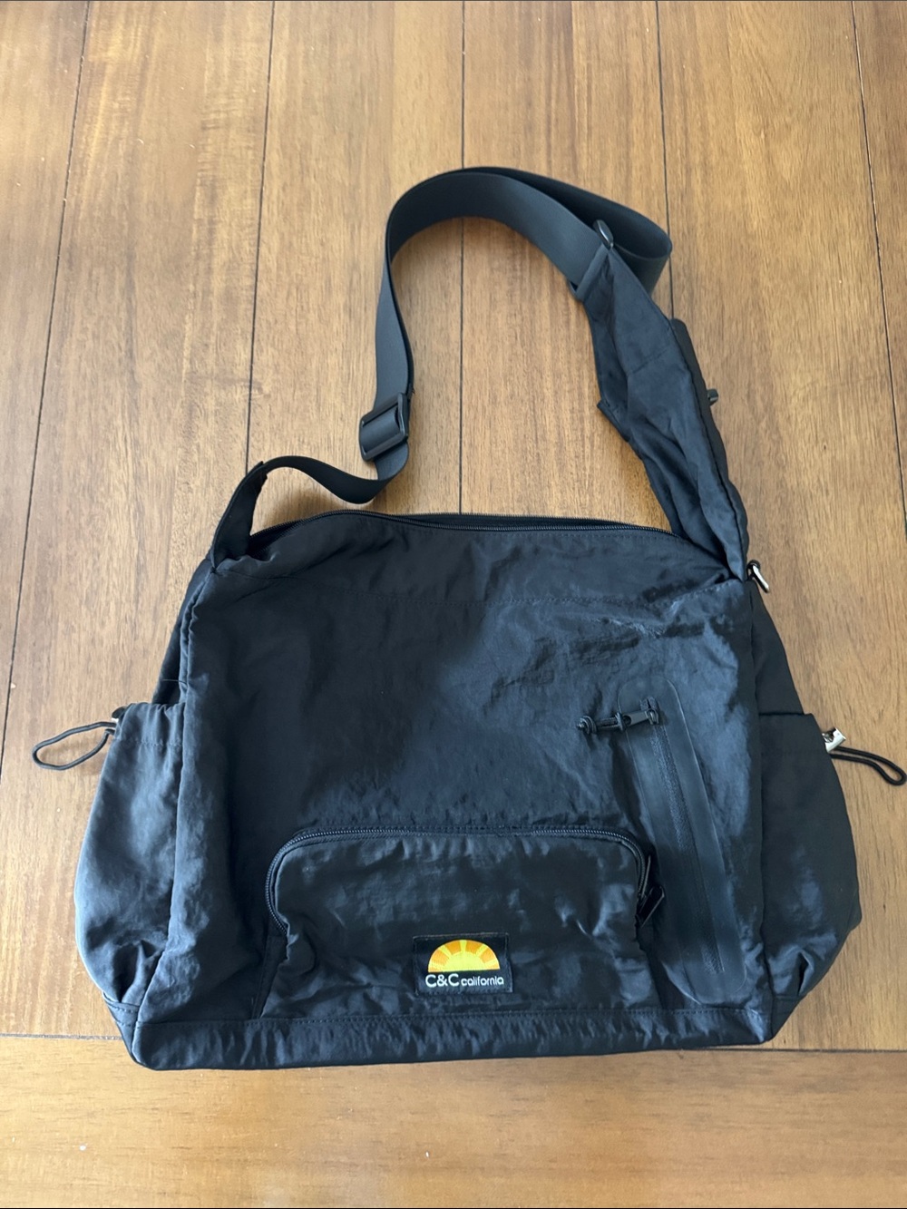 C&C California Black Nylon Crossbody Messenger Bag with Front Zip Pocket